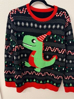 Women’s  Black Holiday Dino Sweater with Red Trim